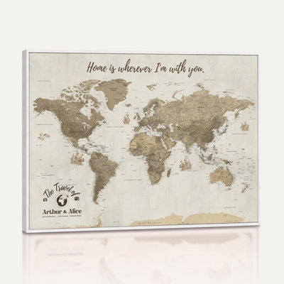 Custom Beige Geometric World Map Canvas with Push Pins, Honeymoon and Anniversary Gift, Dining Room and Hallway Decor