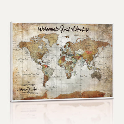 Personalized Beige Push Pin World Map Wall Art, Bucket List Map, Living Room and Family Room Decor