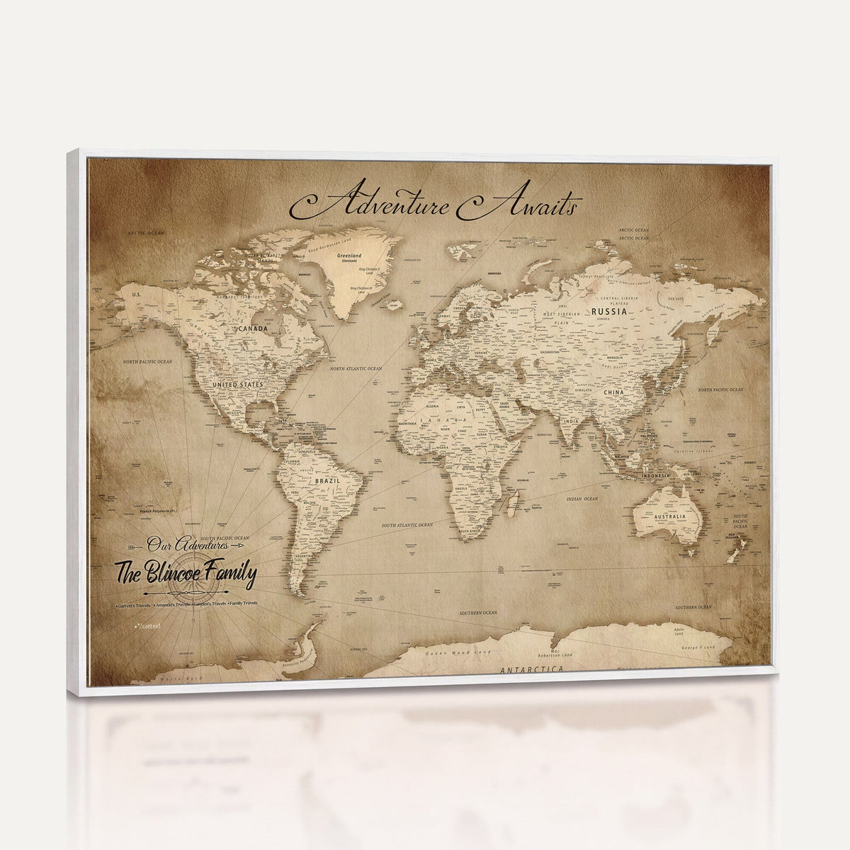 Personalized Black Modern Push Pin World Map Wall Art, Places Visited Tracker, Family Room and Bedroom Decor