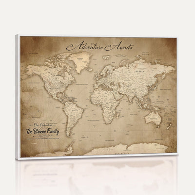 Personalized Black Modern Push Pin World Map Wall Art, Places Visited Tracker, Family Room and Bedroom Decor