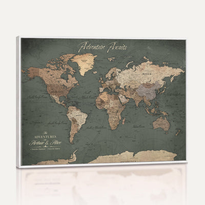 Personalized Framed Beige Modern World Map Canvas with Push Pins, Bucket List Map, Family Room and Dining Room Decor