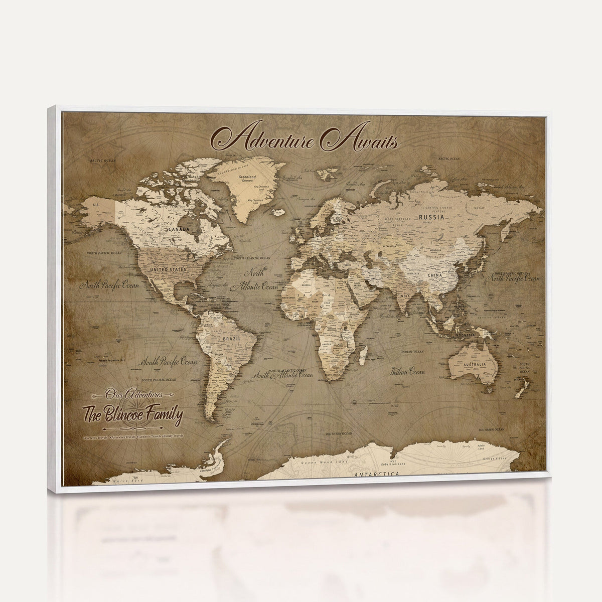 Custom Beige Modern Push Pin World Map Canvas Print, Family Travel Tracker, Dining Room and Home Office Decor
