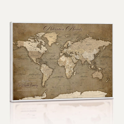 Custom Beige Modern Push Pin World Map Canvas Print, Family Travel Tracker, Dining Room and Home Office Decor