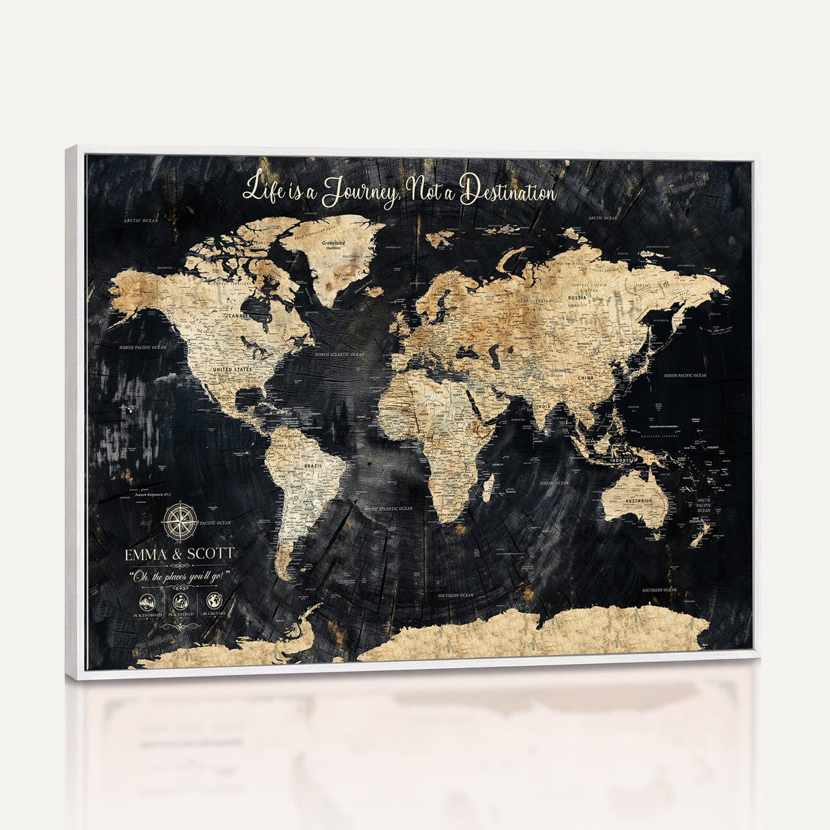 Personalized Framed Navy Modern Push Pin World Map Canvas Print, Couples Countries Visited Map, Family Room and Study Decor