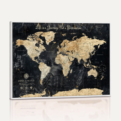 Personalized Framed Navy Modern Push Pin World Map Canvas Print, Couples Countries Visited Map, Family Room and Study Decor