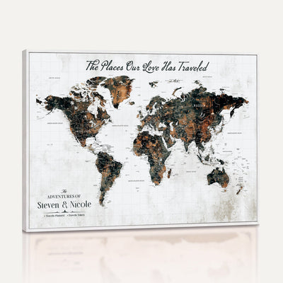 Personalized Beige Push Pin World Map Canvas Print, Honeymoon and Anniversary Gift, Living Room and Dining Room Decor