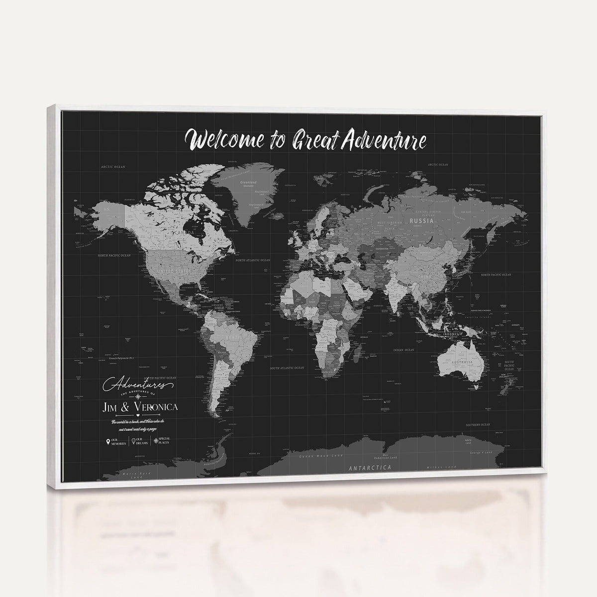 Custom Framed Navy Vintage World Map Canvas with Push Pins, Next Trip Planner Map, Entryway and Hallway Decor