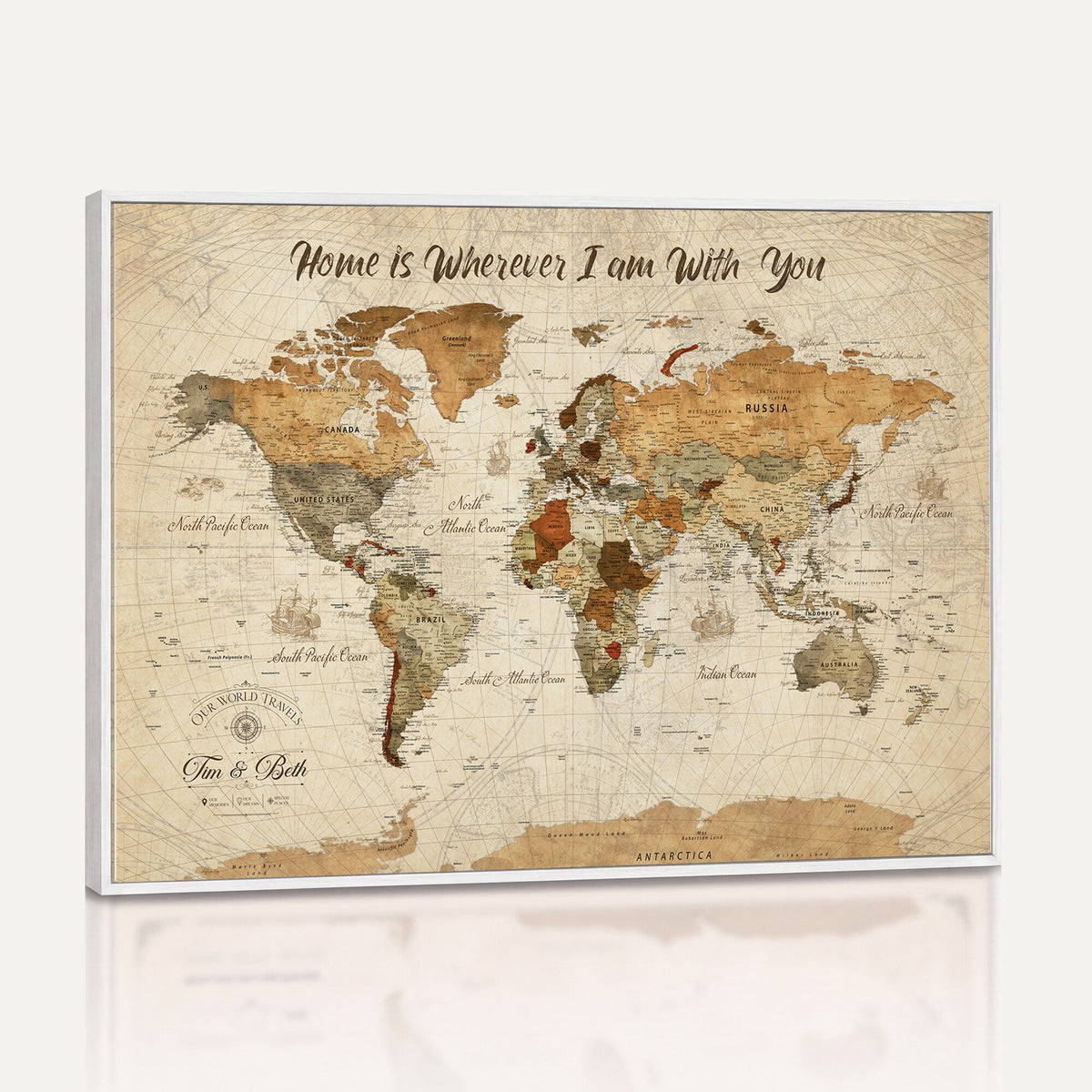 Personalized Framed Black Modern Push Pin World Map Wall Art, Couples Countries Visited Map, Dining Room and Hallway Decor