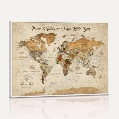 Personalized Framed Black Modern Push Pin World Map Wall Art, Couples Countries Visited Map, Dining Room and Hallway Decor