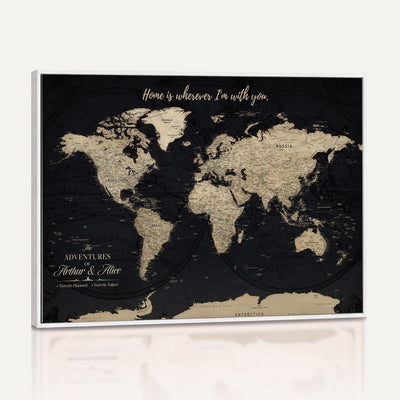 Personalized Framed Beige Modern Push Pin World Map Canvas Print, Places Visited Tracker, Family Room and Bedroom Decor