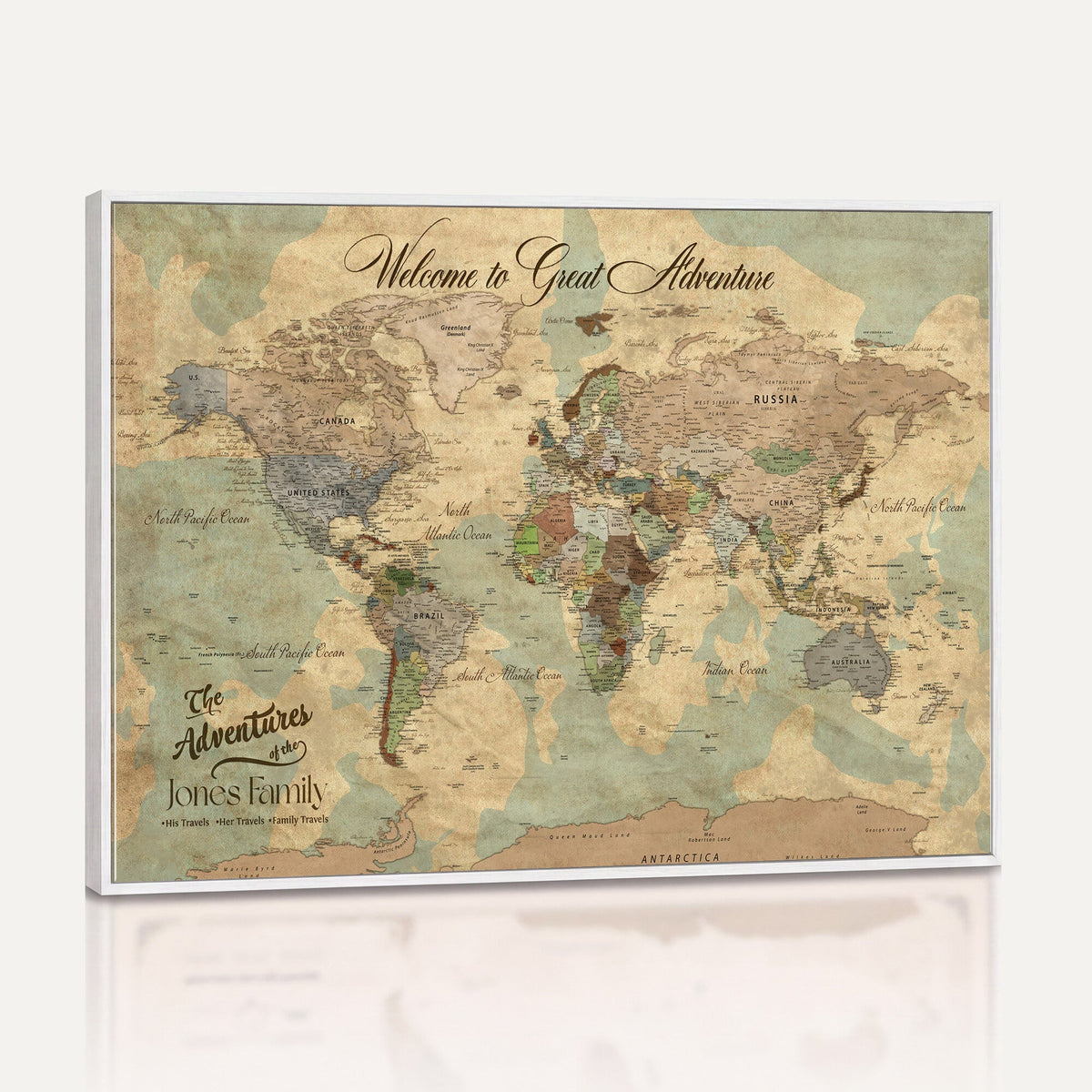 Personalized Framed Navy Vintage Push Pin World Map Wall Art, Places Visited Tracker, Bedroom and Hallway Decor