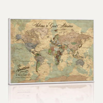 Personalized Framed Navy Vintage Push Pin World Map Wall Art, Places Visited Tracker, Bedroom and Hallway Decor