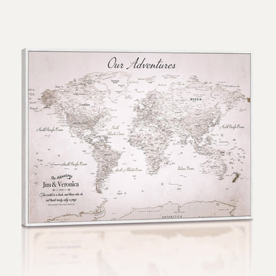Personalized Beige Vintage World Travel Map Wall Art with Pins, Honeymoon and Anniversary Gift, Entryway and Hallway Decor