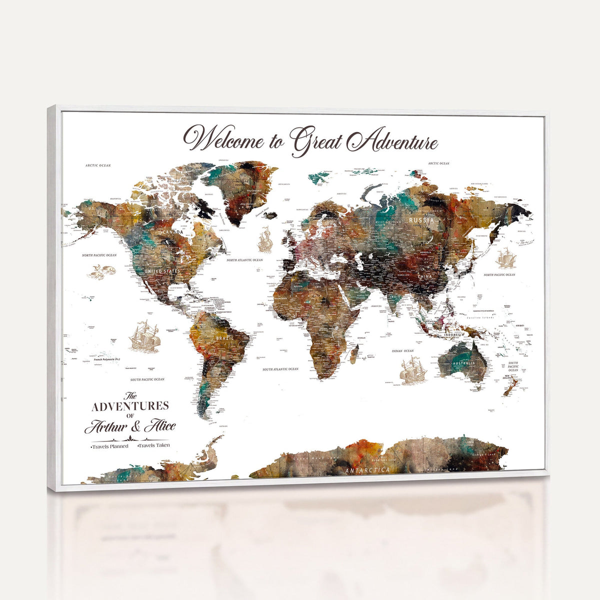 Custom Framed Beige Modern Push Pin World Map Wall Art, Couples Countries Visited Map, Study and Entryway Decor