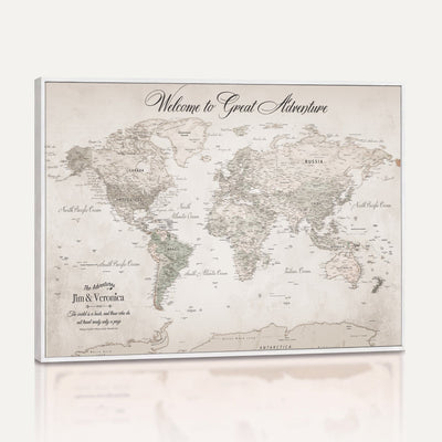 84311132-MGV-CV-36X24 - Personalized Beige World Map Canvas with Push Pins, Places Visited Tracker, Family Room and Entryway Decor