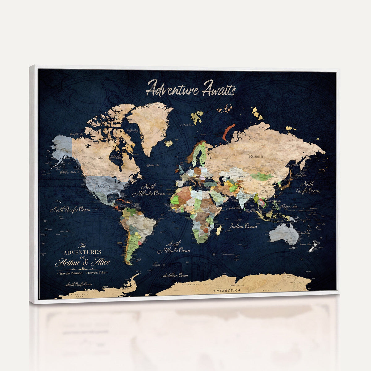 Personalized Beige Antique Push Pin Travel Map Canvas Print, Bucket List Map, Dining Room and Entryway Decor