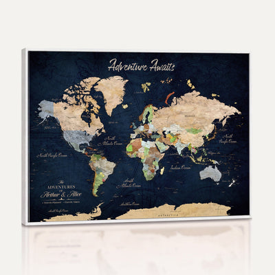 Personalized Beige Antique Push Pin Travel Map Canvas Print, Bucket List Map, Dining Room and Entryway Decor