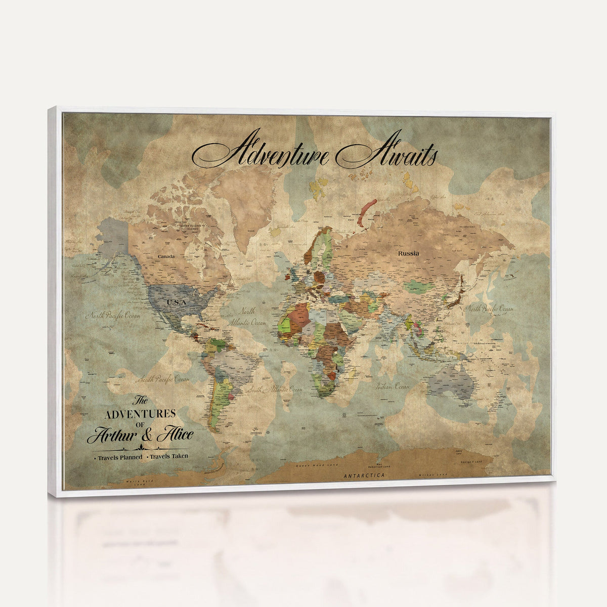 Custom Beige World Travel Map Wall Art with Pins, Bucket List Map, Dining Room and Study Decor
