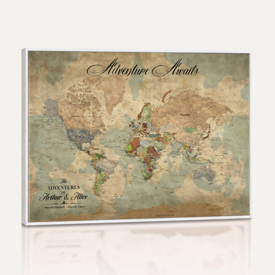 Custom Beige World Travel Map Wall Art with Pins, Bucket List Map, Dining Room and Study Decor