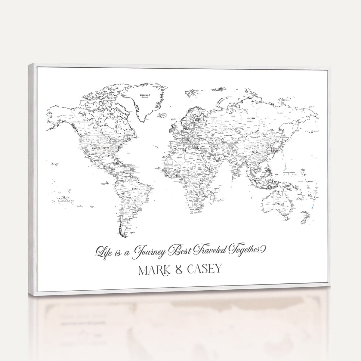 Personalized Framed Beige Modern Push Pin Travel Map Canvas Print, Couples Countries Visited Map, Living Room and Family Room Decor