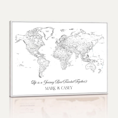 Personalized Framed Beige Modern Push Pin Travel Map Canvas Print, Couples Countries Visited Map, Living Room and Family Room Decor