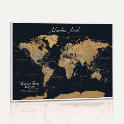 Personalized Framed Beige Geometric Family Push Pin World Map Canvas Print, Next Trip Planner Map, Family Room and Entryway Decor