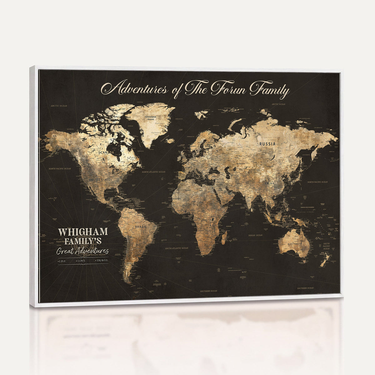 Personalized Framed Beige World Travel Map Wall Art with Pins, Couples Countries Visited Map, Family Room and Dining Room Decor