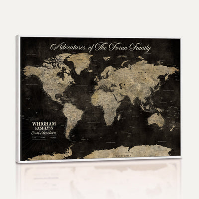 Personalized Framed Black Modern World Map Canvas with Push Pins, Next Trip Planner Map, Dining Room and Home Office Decor