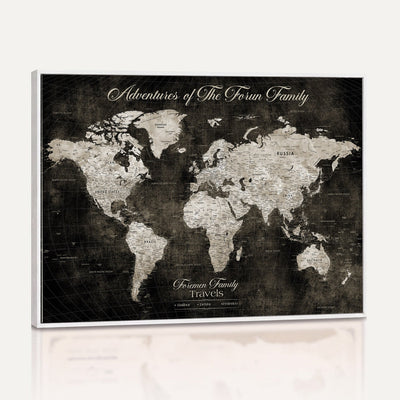 Personalized Framed Beige Push Pin World Map Canvas Print, Couples Countries Visited Map, Dining Room and Study Decor