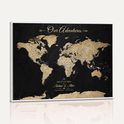 Personalized Framed Beige Push Pin World Map Canvas Print, Family Travel Tracker, Bedroom and Home Office Decor