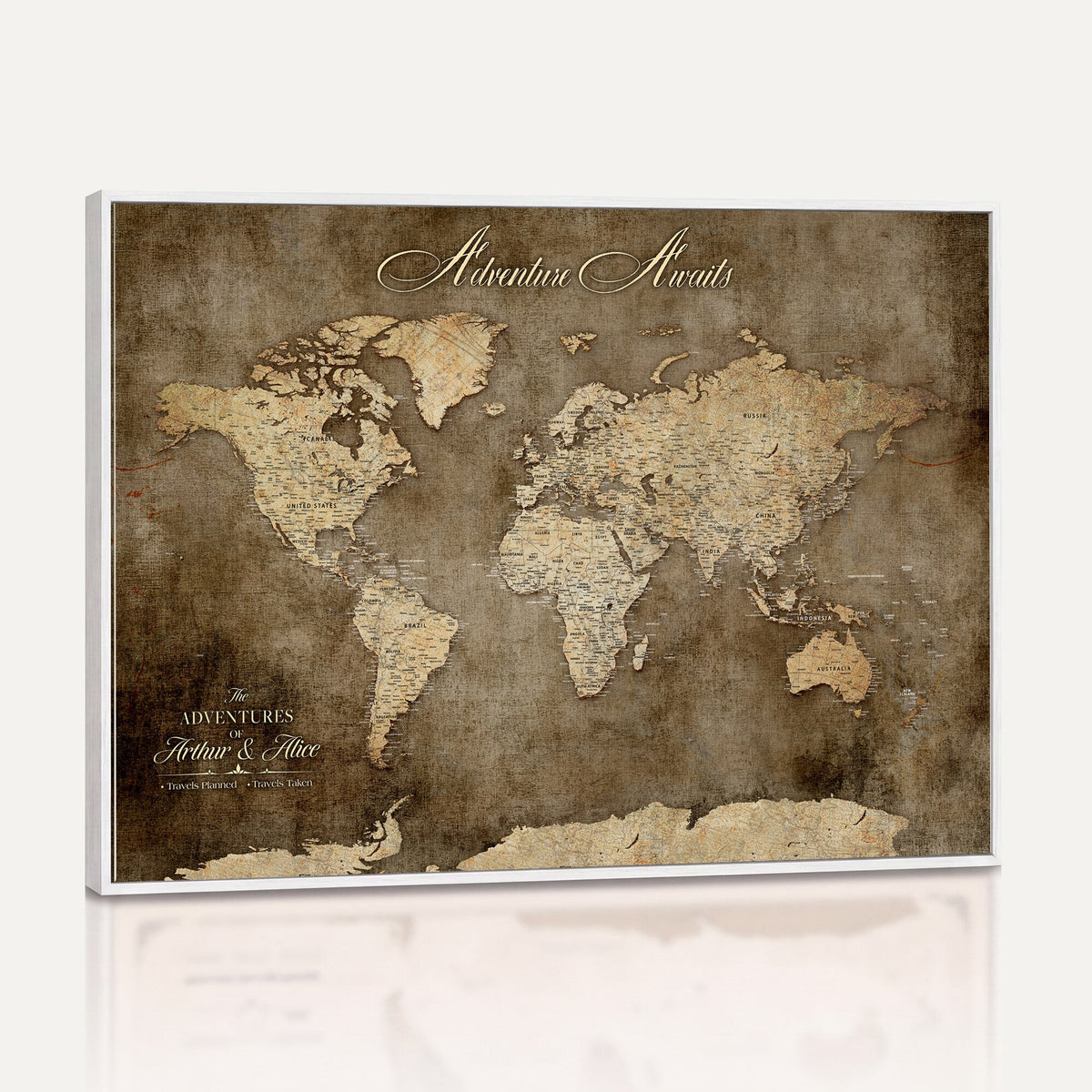 Personalized Framed Beige Push Pin Travel Map Canvas Print, Bucket List Map, Bedroom and Study Decor
