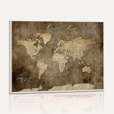 Personalized Framed Beige Push Pin Travel Map Canvas Print, Bucket List Map, Bedroom and Study Decor