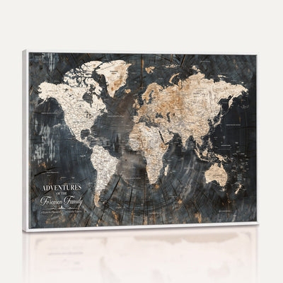 Personalized Framed Beige Push Pin World Map Canvas Print, Bucket List Map, Living Room and Hallway Decor
