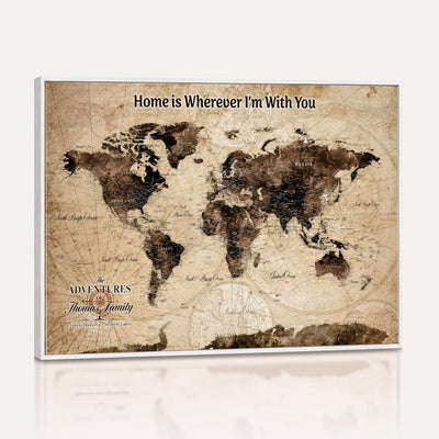 Personalized Framed Beige Modern World Travel Map Wall Art with Pins, Family Adventure Map, Living Room and Hallway Decor
