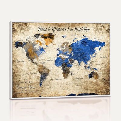 Personalized Framed Beige World Map Canvas with Push Pins, Honeymoon and Anniversary Gift, Living Room and Home Office Decor