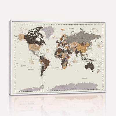 58777746-MGV-CV-36X24 - Custom Beige Modern Push Pin World Map Canvas Print, Places Visited Tracker, Bedroom and Study Decor