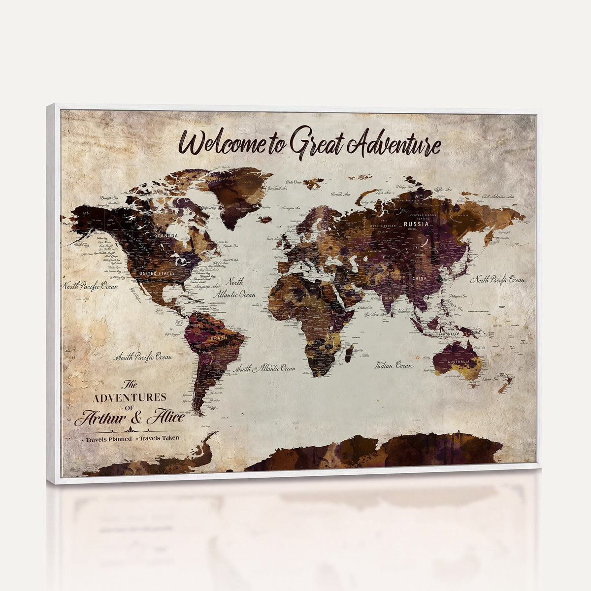 64110391126-MGV-CV-36X24 - Custom Beige World Travel Map Wall Art with Pins, Places Visited Tracker, Family Room and Entryway Decor