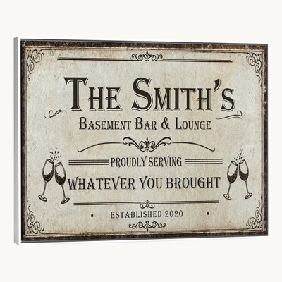 Custom Basement Bar & Lounge Sign Canvas, Personalized Family Name Art