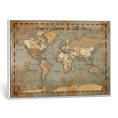 97123877-MGV-CV-36X24 - Vintage Custom Push Pin World Map Print - Vintage Travel Map Canvas, Personalized Names Anniversary Gift, Places Visited Pin Board