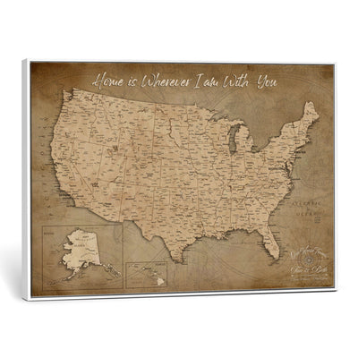 21454917-MGV-CV-36X24 - Personalized USA Push Pin Travel Map, Custom United States Map, Push Pin Map, USA Bucket List Map, Anniversary Gift | Couple Travel Map Wall Art