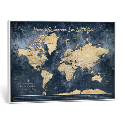 400867BL-MGV-CV-36X24 - Framed Blue Custom Push Pin World Map Canvas Print | Personalized Travel Map Wall Art