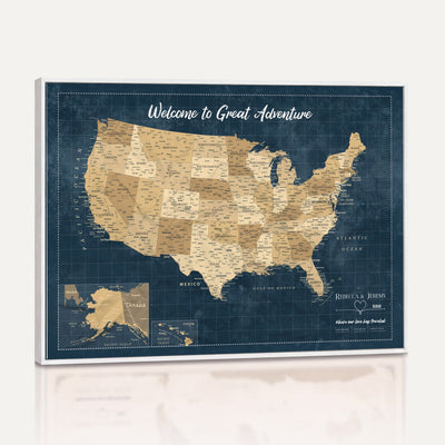 58851035-MGV-CV-36X24 - Custom Cream Push Pin USA Map Canvas Print, 50 State Bucket List Map, Family Room and Hallway Decor