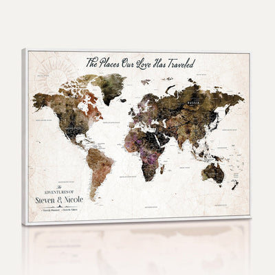 18074626D3D-MGV-CV-36X24 - Extra Large Framed Personalized Push Pin World Map Wall Art Canvas Print for Travel Tracking