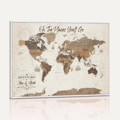 Personalized Beige Geometric Family Push Pin World Map Canvas Print, Honeymoon and Anniversary Gift, Living Room and Study Decor