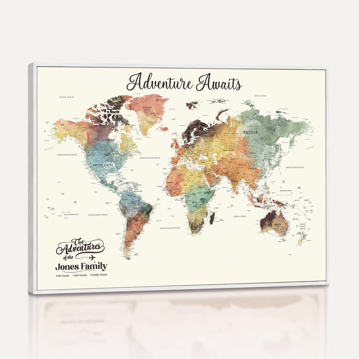 Personalized Framed Beige Modern Push Pin Travel Map Canvas Print, Family Travel Tracker, Bedroom and Home Office Decor