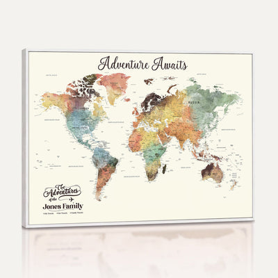 Personalized Framed Beige Modern Push Pin Travel Map Canvas Print, Family Travel Tracker, Bedroom and Home Office Decor