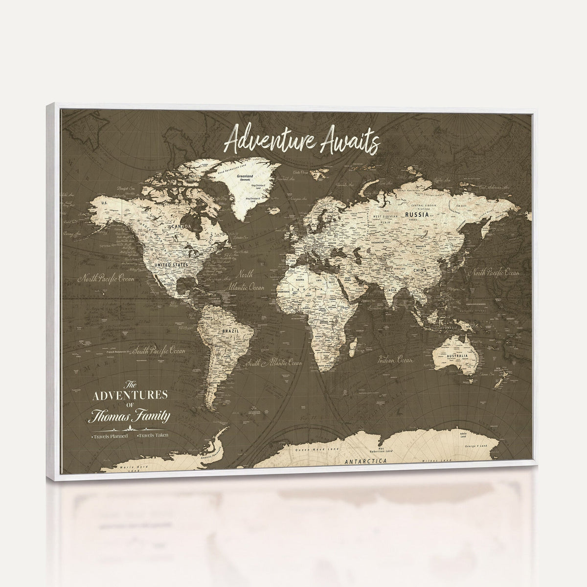 Personalized White Modern World Travel Map Wall Art with Pins, Honeymoon and Anniversary Gift, Living Room and Dining Room Decor