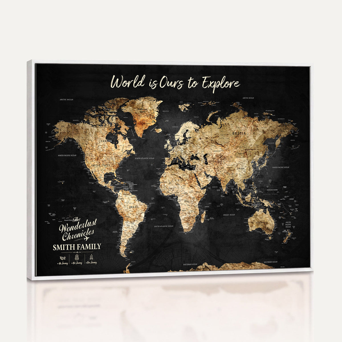 Personalized Beige Push Pin Travel Map Canvas Print, Family Travel Tracker, Bedroom and Entryway Decor