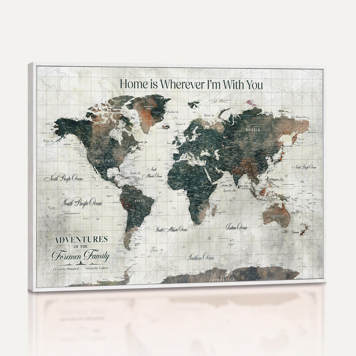 Personalized Framed Beige Push Pin Travel Map Canvas Print, Family Travel Tracker, Home Office and Hallway Decor