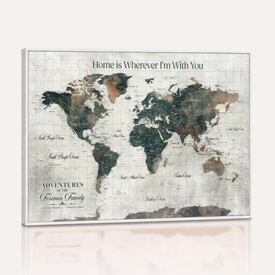 Personalized Framed Beige Push Pin Travel Map Canvas Print, Family Travel Tracker, Home Office and Hallway Decor